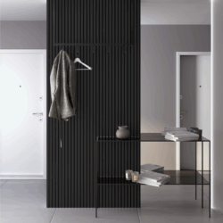 Couloir moderne avec cloison noire et portes.