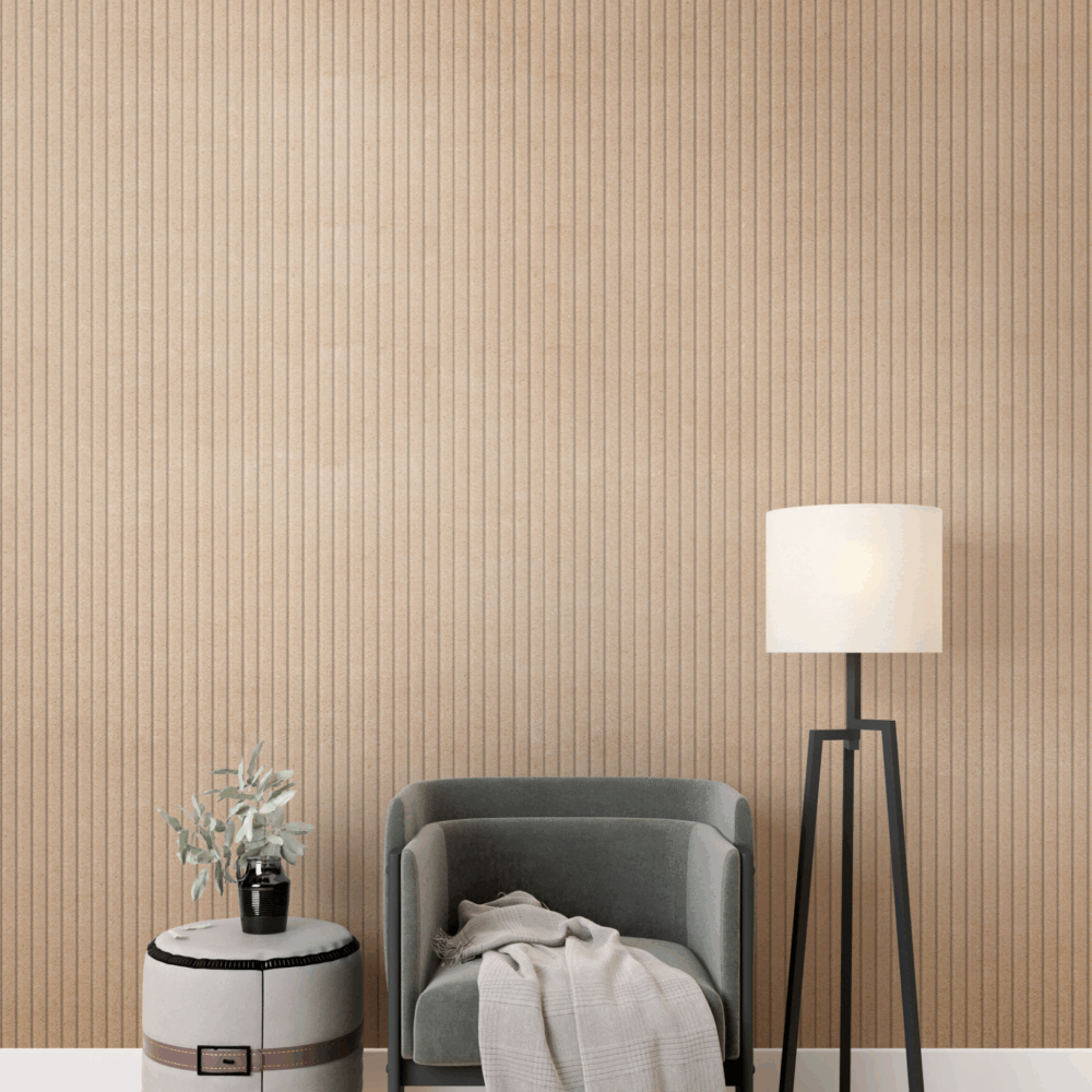 Salon moderne, fauteuil vert, panneaux muraux.