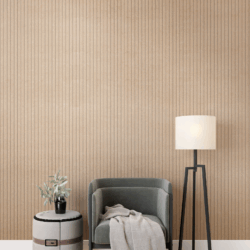 Salon moderne, fauteuil vert, panneaux muraux.